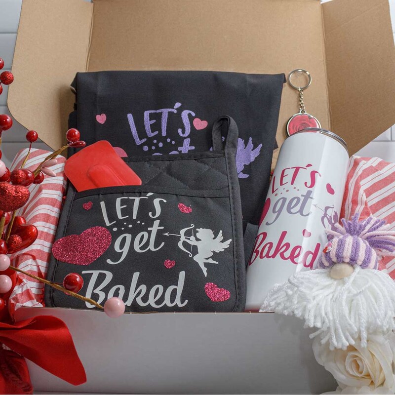 Let's Get Baked Valentine's Themed Apron, Oven Mitt and 20 oz Skinny Tumbler gift set | Valentine's Gift Sets